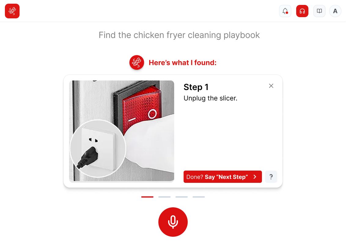 Line Lead playbook step card: Step 1, unplug the slicer, with a Done? Say Next Step button